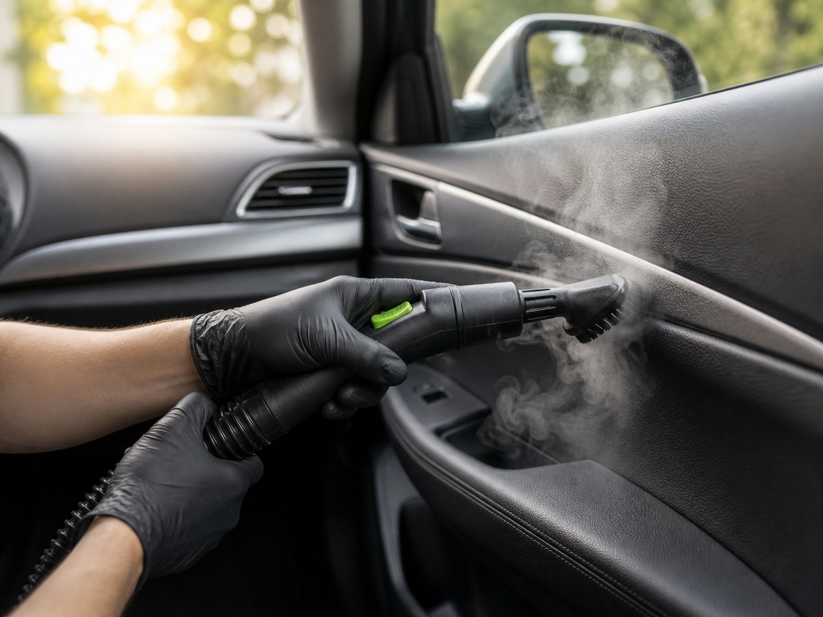 Autointerieur wordt gestoomd door professional